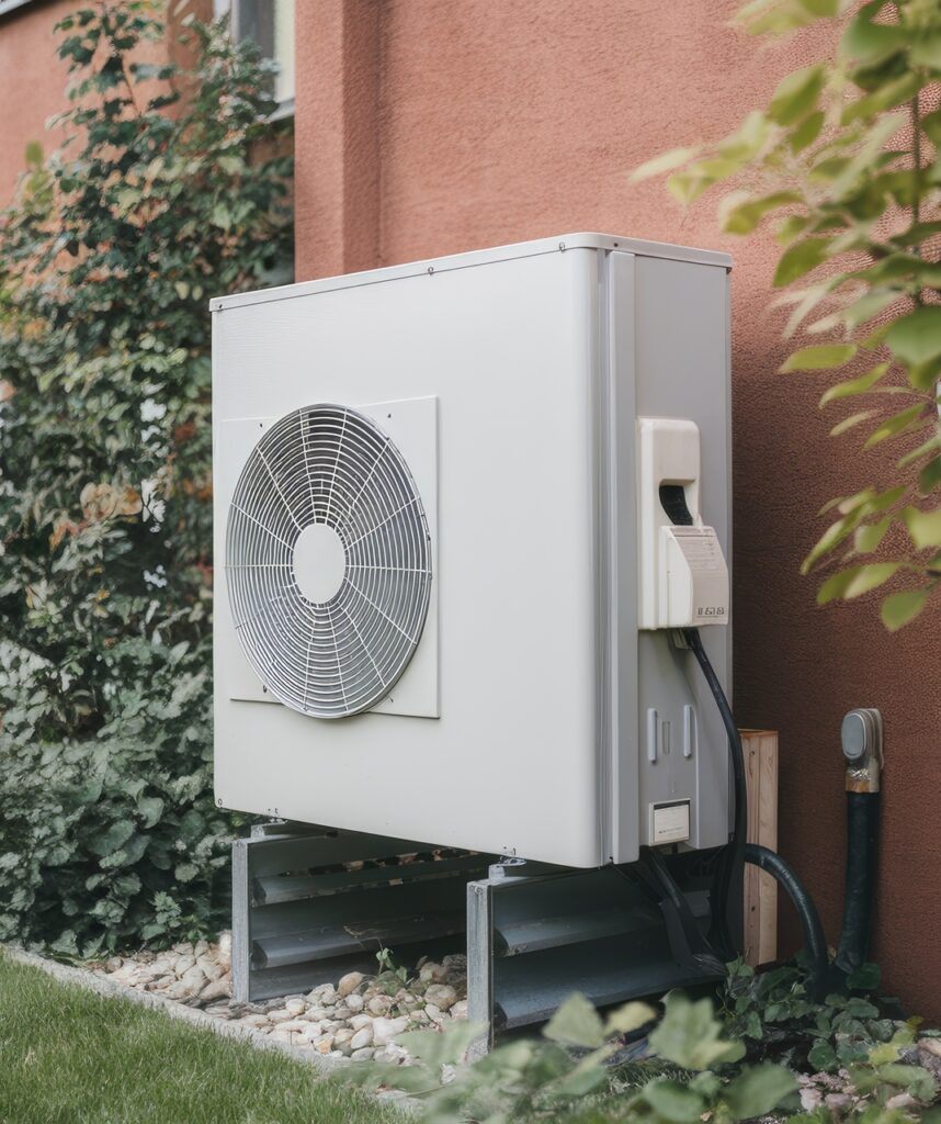 Heat pump installed on building wall