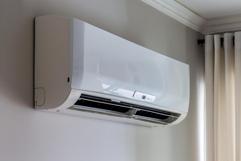 Modern air conditioner unit cooling a room in an apartment