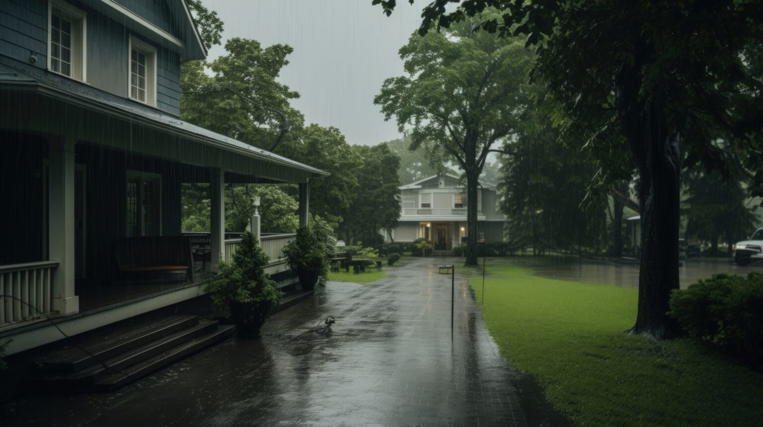a rainy day in the suburbs with a house and front porch