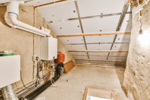 a view of a room with pipes and a ceiling