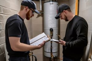 technicians inspecting a water heater