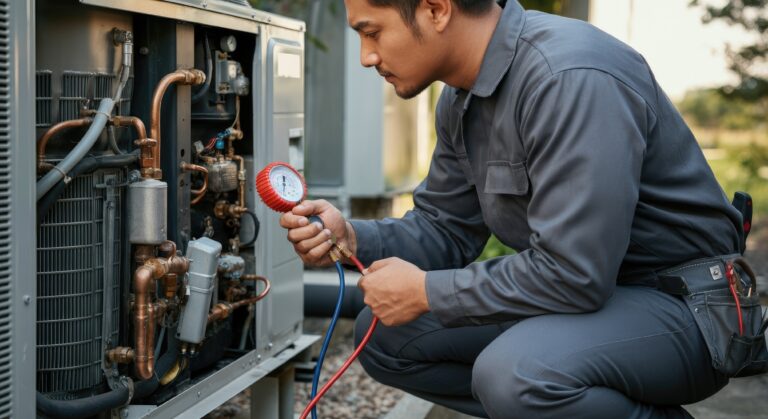 technician inspecting HVAC unit