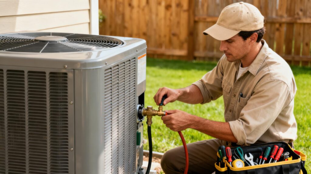 HVAC technician repairing unit