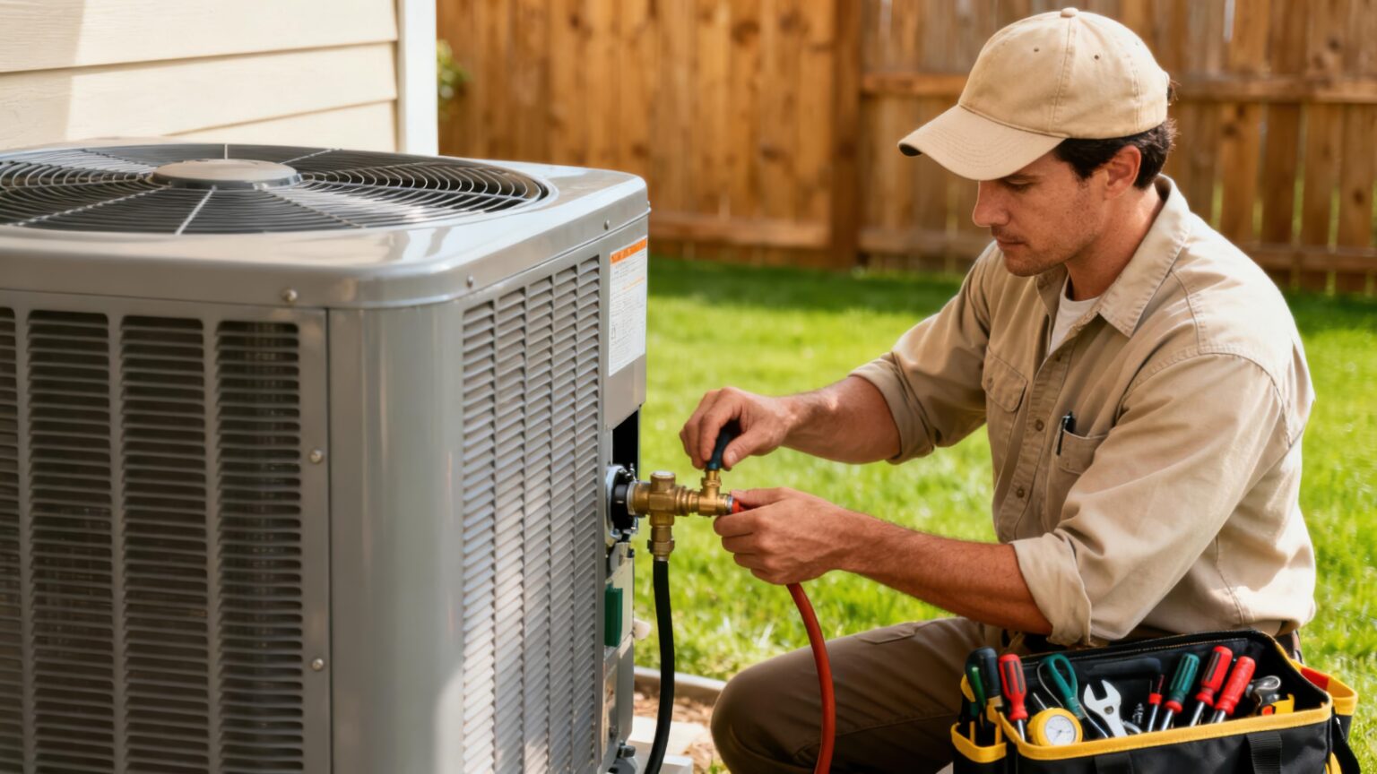 HVAC technician repairing unit