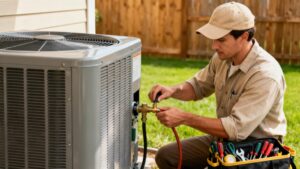 HVAC technician repairing unit