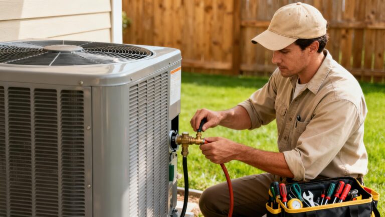 HVAC technician repairing unit
