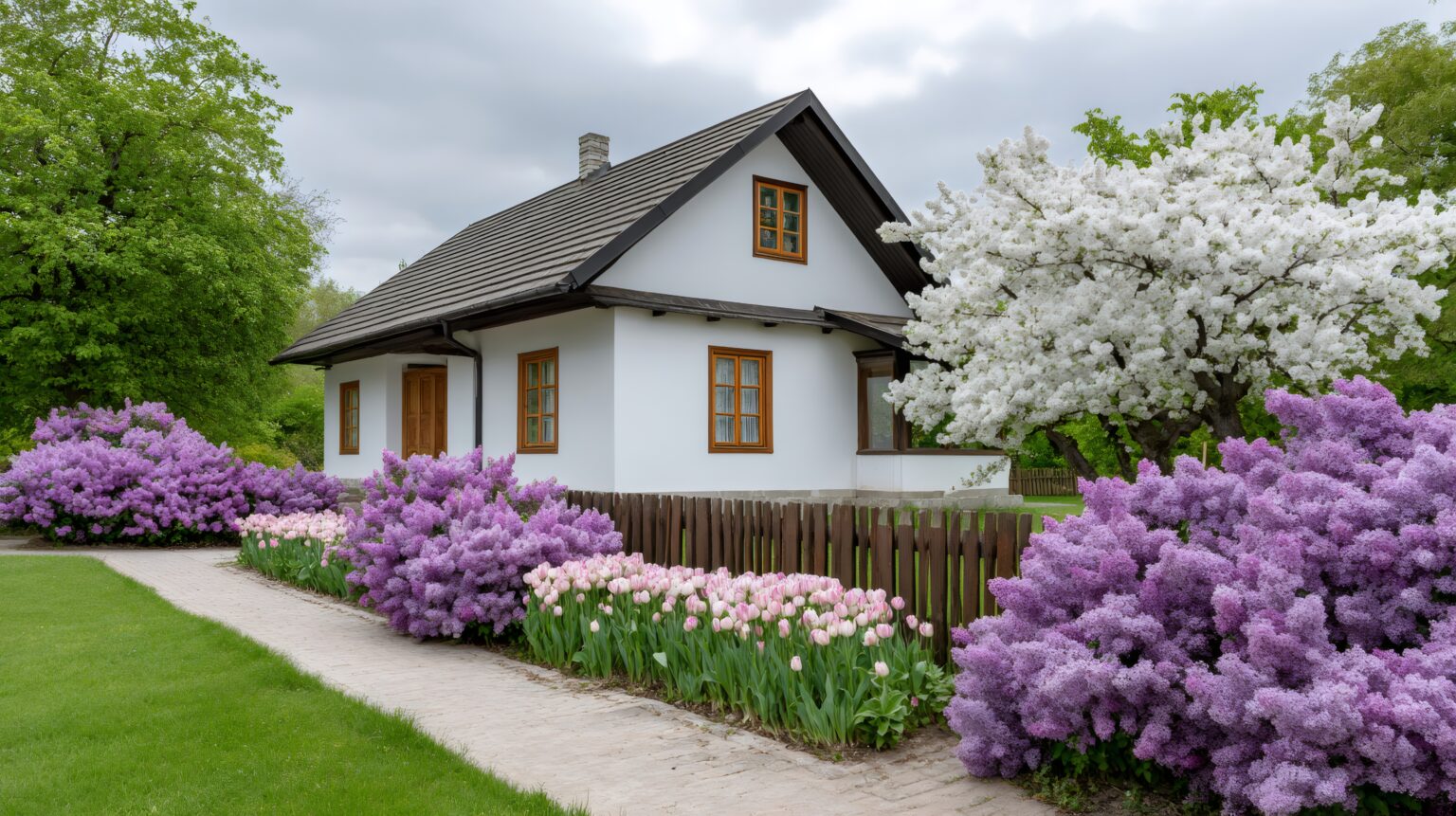 white country house with flowers blooming