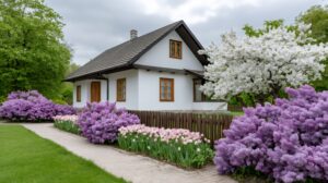 white country house with flowers blooming